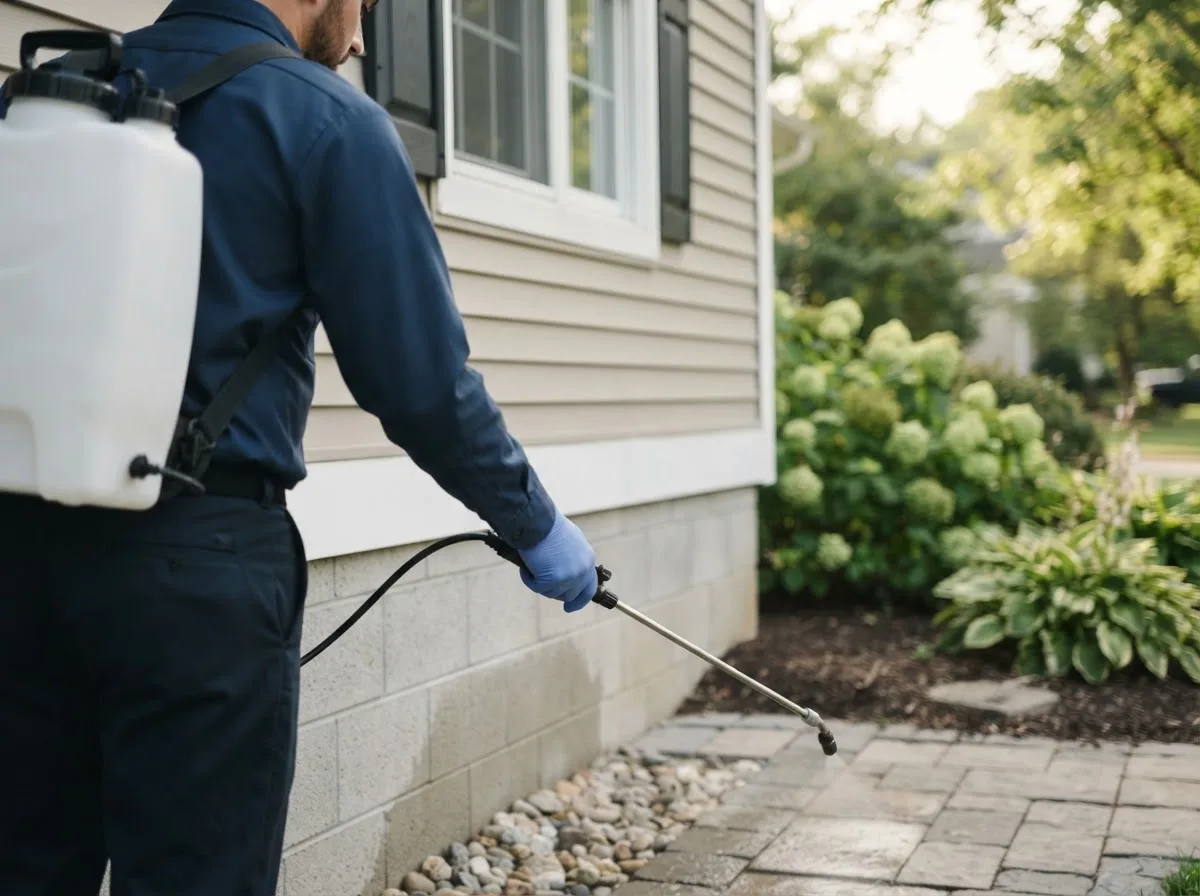 Pest control technician inspecting a home in Jonesville, MI